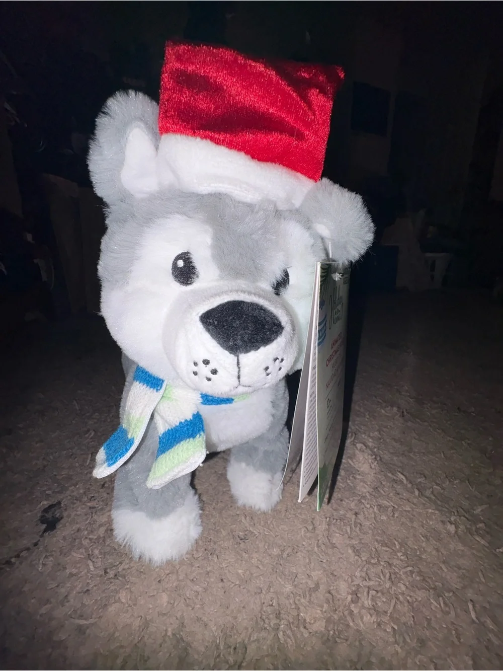 Animated Plush Husky Dog Toy with Blue & Green Scarf